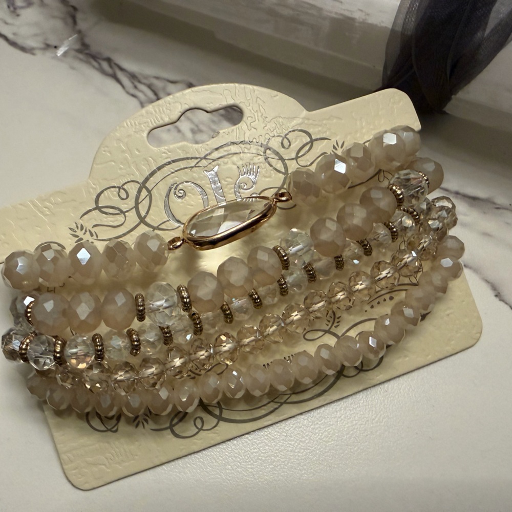 Neutral Beige Faceted Glass Stretch Bracelet Set